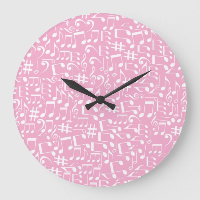 Grande Horloge Ronde Musique Danse Notes Blanches Rose Pâle (Recto)