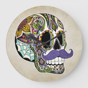 Grande Horloge Ronde Mustache Sugar Skull Wall Clock