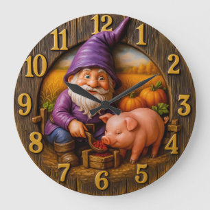 Grande Horloge Ronde Nain drôle et cochon dans une scène d'horloge de r