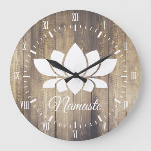 Grande Horloge Ronde Namaste Lotus blanc et yoga en bois de planches