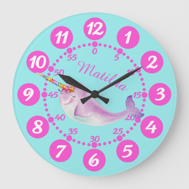 Grande Horloge Ronde Narwhal fantaisiste aquarelle rose aqua mignon pou (Recto)