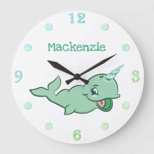 Grande Horloge Ronde Narwhal Green Cartoon Mint Chibi Customisé