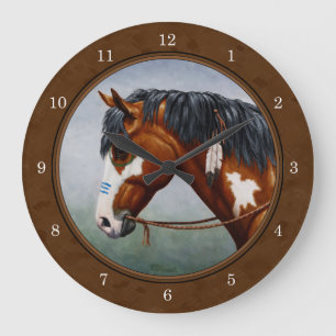 Grande Horloge Ronde Natif Américain Bay Pinto Horse Brown