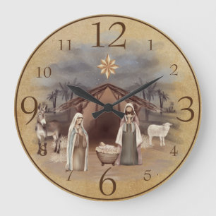 Grande Horloge Ronde Nativity Scene on Brown Rustic
