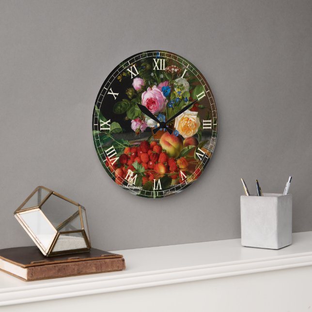 Grande Horloge Ronde Nature morte Roses et fraises par Otto Ottesen (Bureau)