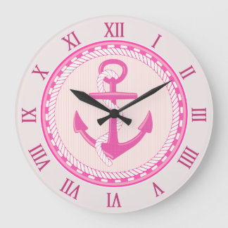 Grande Horloge Ronde Nautical Anchor Roman Numerals Pink Wall Clock