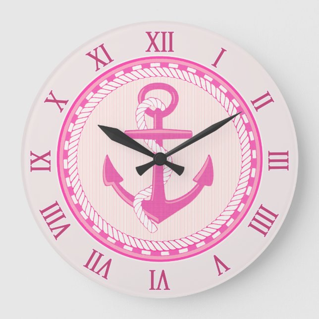 Grande Horloge Ronde Nautical Anchor Roman Numerals Pink Wall Clock (Recto)