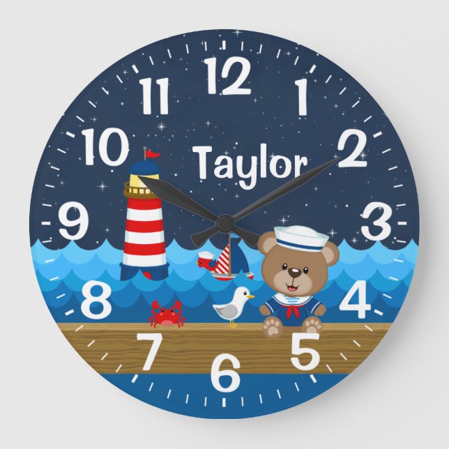 Grande Horloge Ronde Nautical Boy Bear Rouge et Marine (Recto)