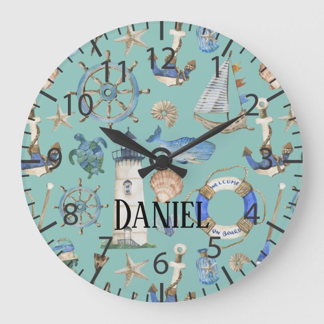 Grande Horloge Ronde Nautical Coastal Sea Beach Turquoise Boy Nom de la (Recto)