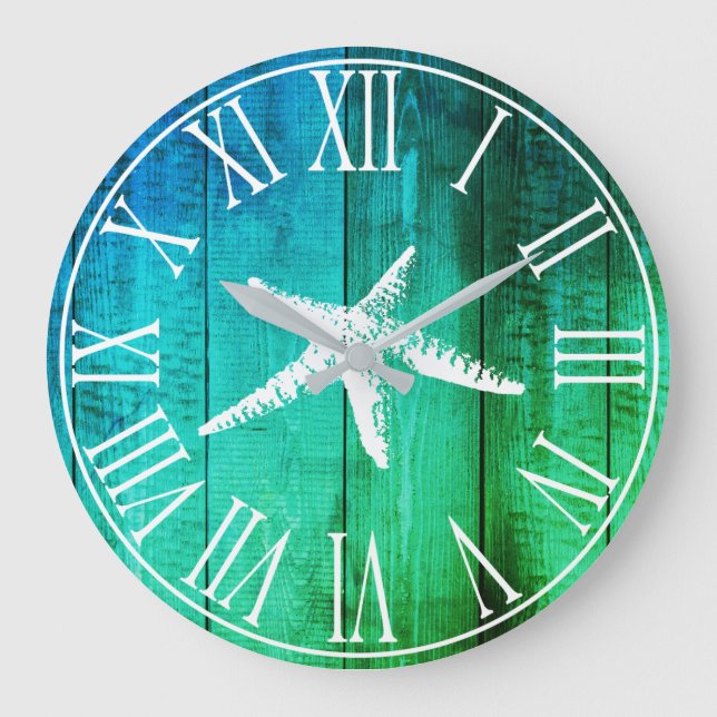 Grande Horloge Ronde Nautical Faux Wood Ocean Hues & White Starfish (Recto)