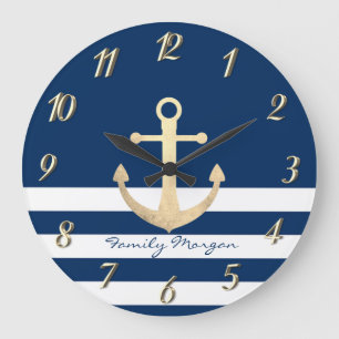 Grande Horloge Ronde Nautical, Gold Anchor Navy Blue Striped