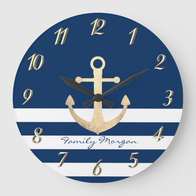 Grande Horloge Ronde Nautical, Gold Anchor Navy Blue Striped (Recto)