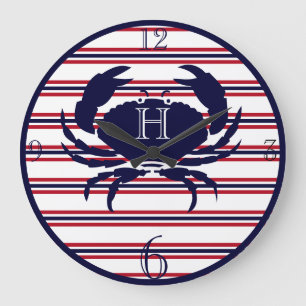 Grande Horloge Ronde Nautical monogram red navy white crab large clock