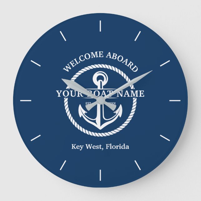 Grande Horloge Ronde Nautical Navy Blue Welcome Aboard Nom du bateau An (Recto)