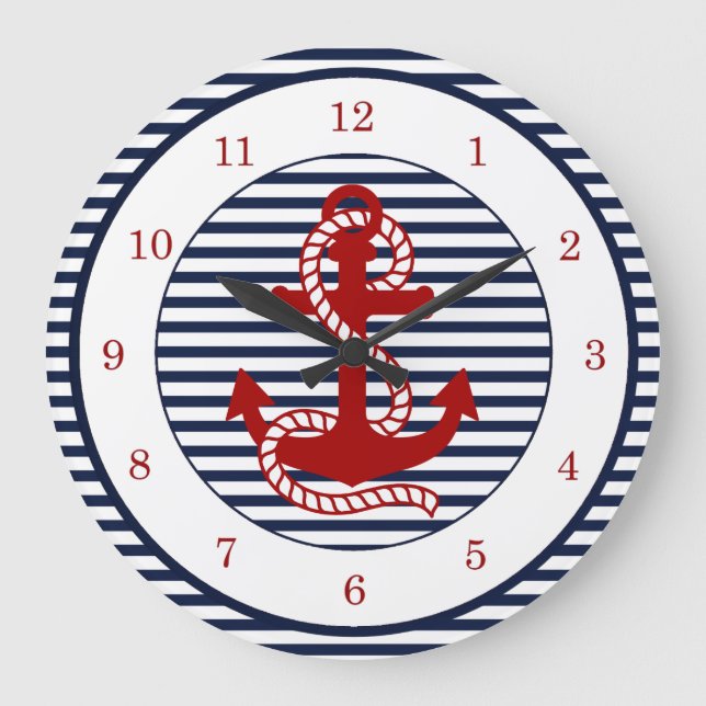 Grande Horloge Ronde Nautical Navy Blue White Stripes and Red Anchor (Recto)