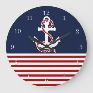 Grande Horloge Ronde Nautical Red White Stripes and White Anchor