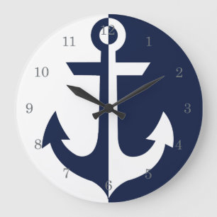 Grande Horloge Ronde Nautical White and Blue Anchor {pick your color}