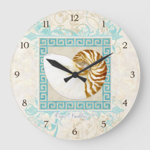 Grande Horloge Ronde Nautilus Shell aquarelle grecque clé Damask plage