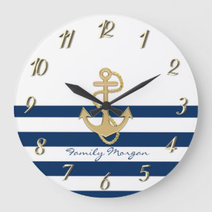 Grande Horloge Ronde Nautique, Ancre Dorée Rayures Bleu Marine