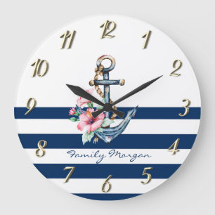 Grande Horloge Ronde Nautique, Ancre florale Bleu de la Marine