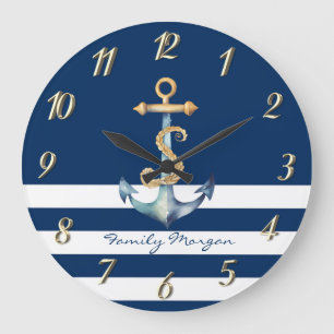 Grande Horloge Ronde Nautique, Aquarelle Ancre Marine Bleu rayé