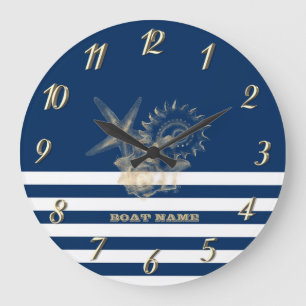 Grande Horloge Ronde Nautique, Coquillages dorés Rayures bleu marine