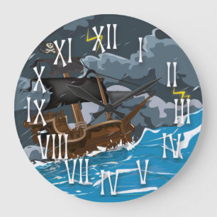 Grande Horloge Ronde Navire Pirate dans la Tempête