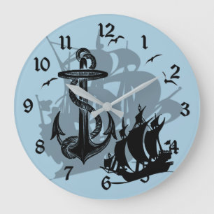 Grande Horloge Ronde Navire pirate et Ancre Black Silhouette cadenas 2