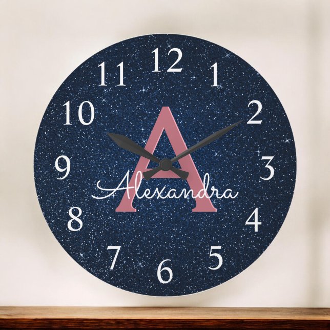 Grande Horloge Ronde Navy Blue & Rose Gold Sparkle Glitter Monogram (Créateur téléchargé)