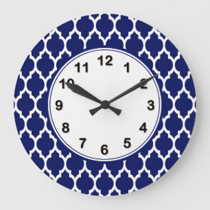 Grande Horloge Ronde Navy Blue White Moroccan Quatrefoil