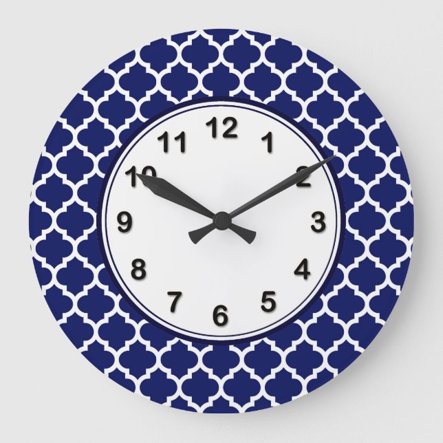 Grande Horloge Ronde Navy Blue White Moroccan Quatrefoil Pattern #5 (Recto)