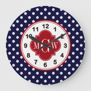 Grande Horloge Ronde Navy Wht Polka Dot Cranberry Quatrefoil 3 monogram