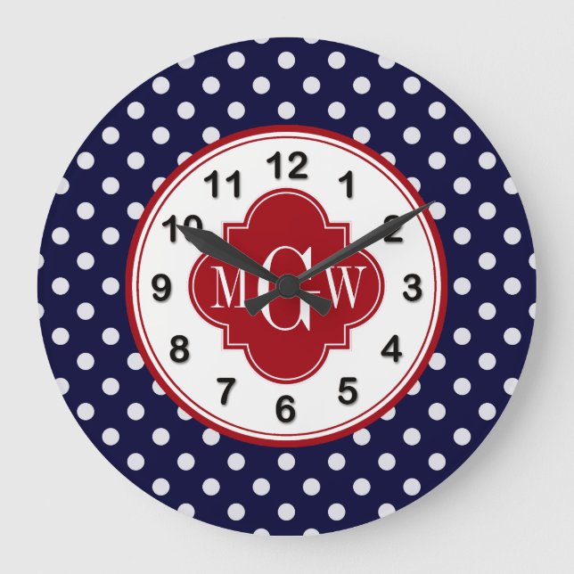 Grande Horloge Ronde Navy Wht Polka Dot Cranberry Quatrefoil 3 Monogram (Recto)