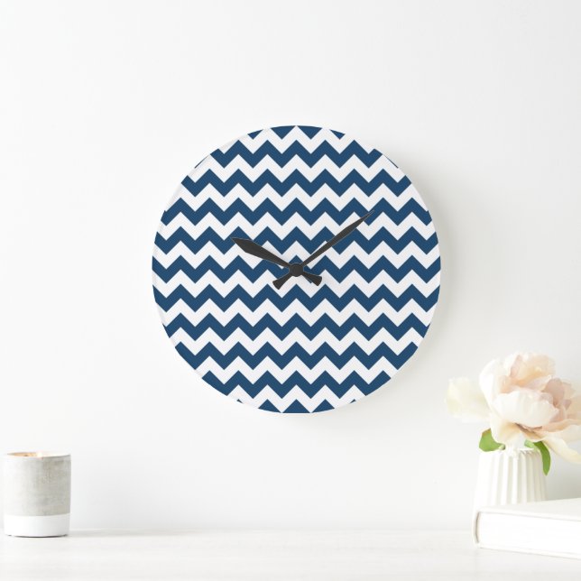 Grande Horloge Ronde Navy Zigzag, Navy Chevron, Motif géométrique (Maison)