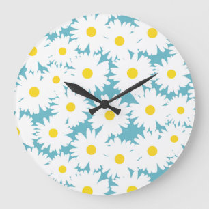 Grande Horloge Ronde Négative Space Daisies blanc jaune sur bleu