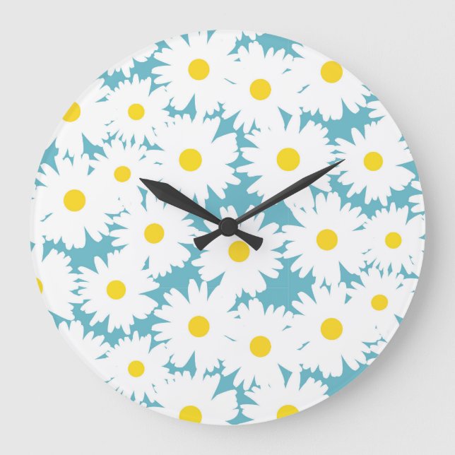 Grande Horloge Ronde Négative Space Daisies blanc jaune sur bleu (Recto)