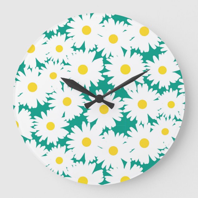 Grande Horloge Ronde Négative Space Daisies blanc jaune sur vert (Recto)