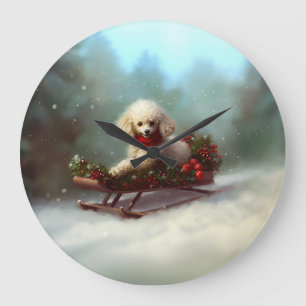 Grande Horloge Ronde Neige de Noël caniche hiver