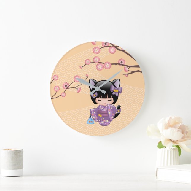 Grande Horloge Ronde Neko Kokeshi Poupée - Cat Ears Geisha Girl (Maison)