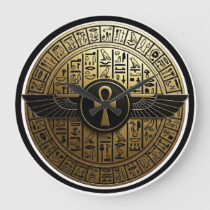 Grande Horloge Ronde NeoAnkh Ankh doré et disque solaire ailé Hiéroglyp