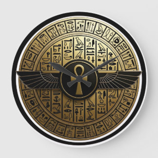 Grande Horloge Ronde NeoAnkh Ankh doré et disque solaire ailé Hiéroglyp
