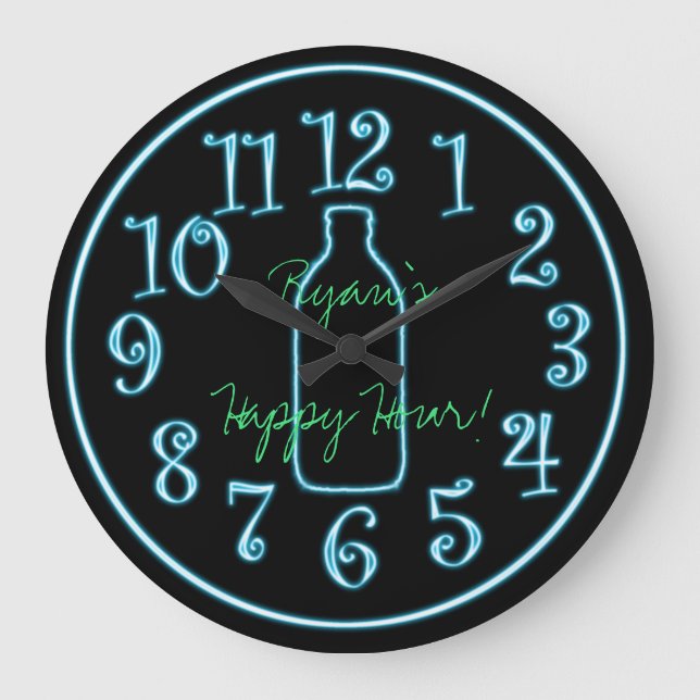 Grande Horloge Ronde Neon Beer Bottle Add Name Happy Hour Clock (Recto)