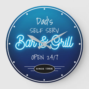 Grande Horloge Ronde Neon Blue Script Dad's ou Any Name Bar Grill