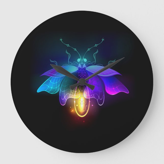Grande Horloge Ronde Neon Firefly sur noir (Recto)