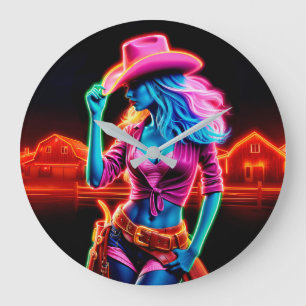 Grande Horloge Ronde Neon imaginaire cowgirl dans le cadre d'un ranch b