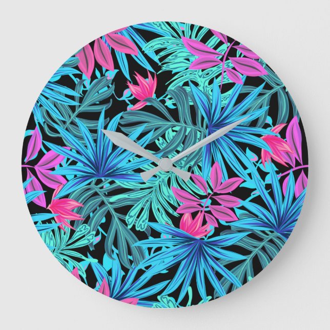 Grande Horloge Ronde Neon Pink and Blue Tropical Plant Pattern (Recto)