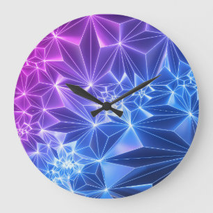 Grande Horloge Ronde Néon Polygonal : Bleu rose 3D.