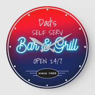 Grande Horloge Ronde Neon Red Blue Script Papa's ou Any Name Bar Grill 