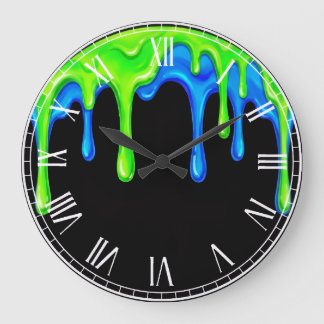 Grande Horloge Ronde Neon vert et bleu Slime Drip Noir Graffiti de game