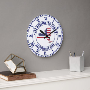 Grande Horloge Ronde New York États-Unis Étoiles Rayures Carte Nom de F